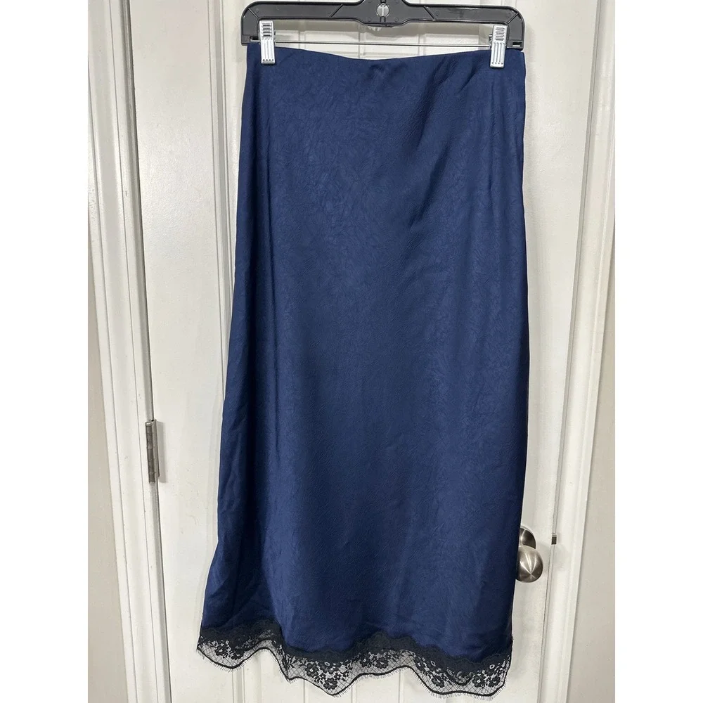 A New Day Navy Blue Jacquard Floral Midi Skirt Black Lace Trim Small